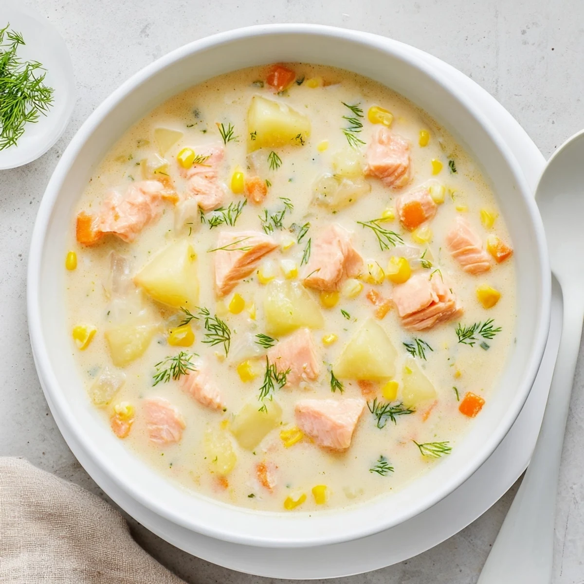 Rustic smoked salmon chowder simmering in a white pot with golden corn and vegetables
