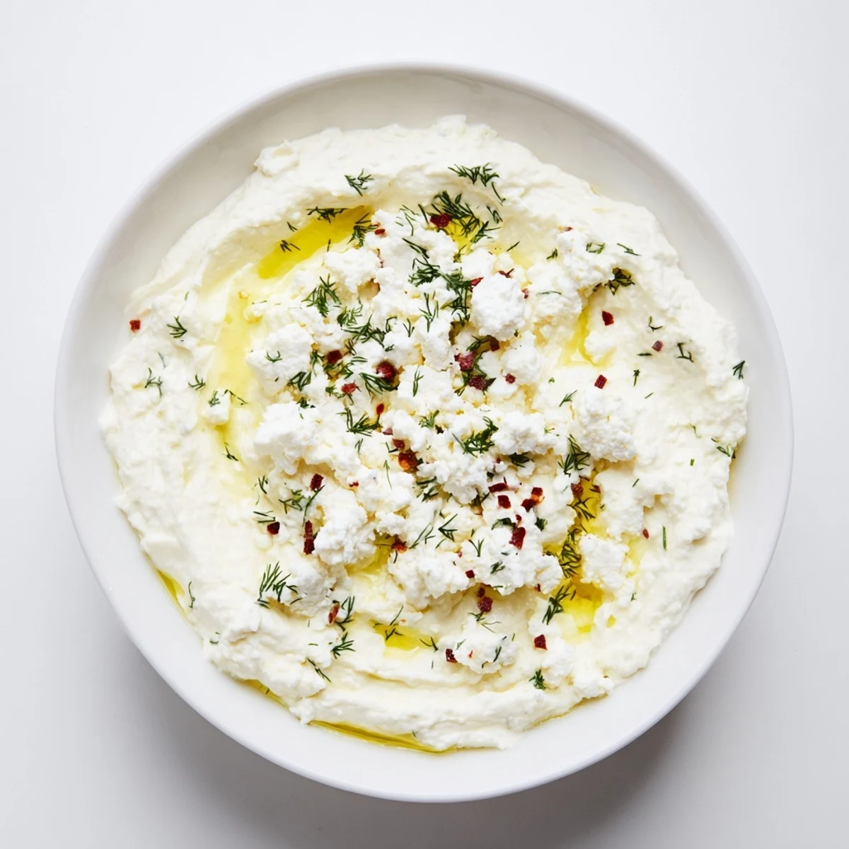 Creamy classic feta dip topped with olive oil, herbs, and red pepper flakes