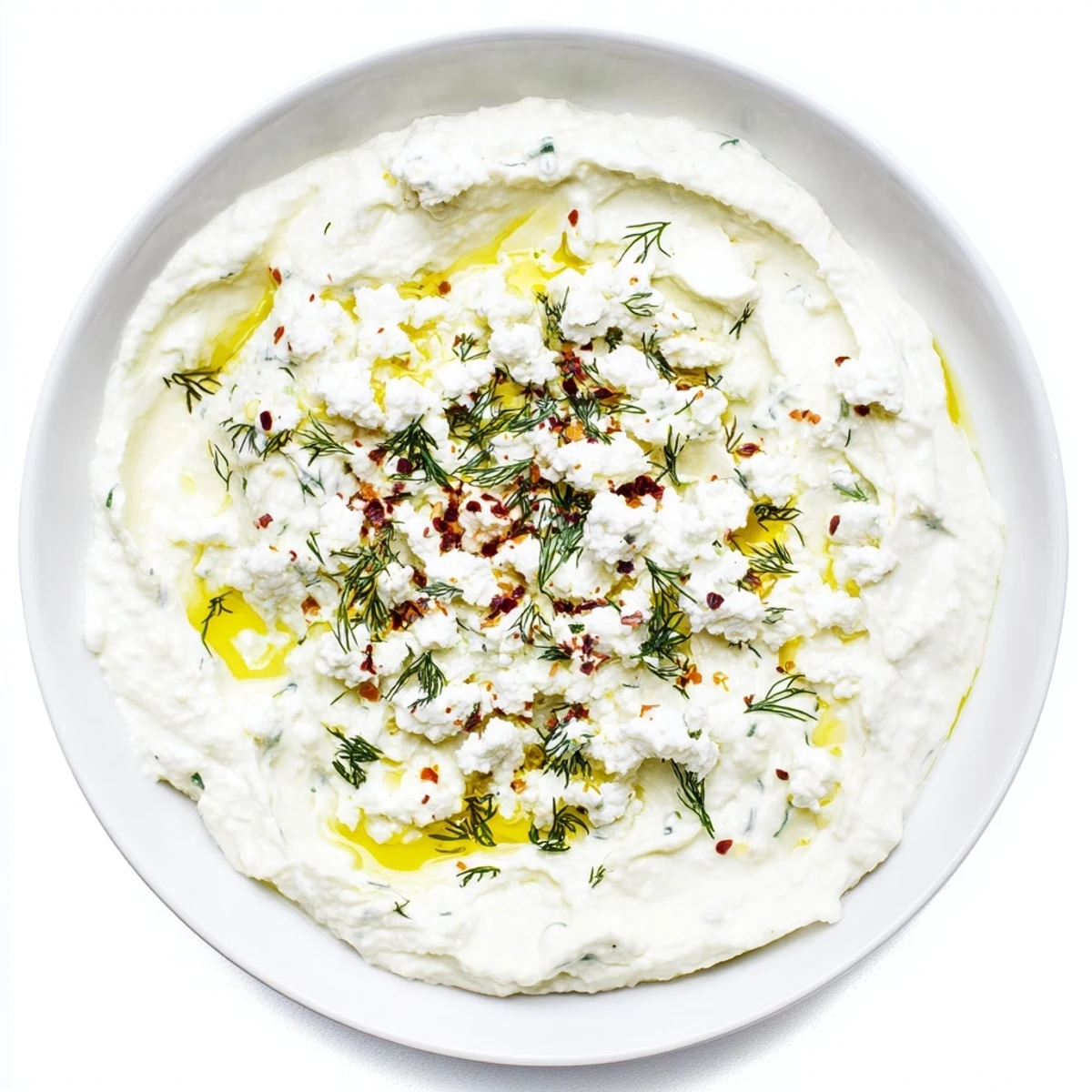 Rich classic feta dip appetizer garnished with dill, crumbled feta, and chili flakes