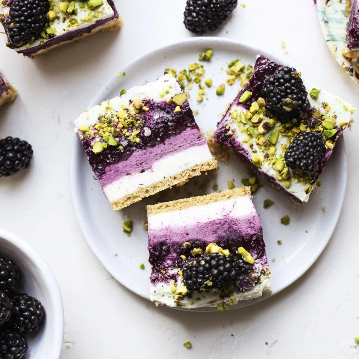 Golden square slices featuring creamy cheesecake topping swirled with vibrant purple blackberry compote over nutty pistachio shortbread crust, garnished with chopped pistachios and fresh berries on a white serving plate.