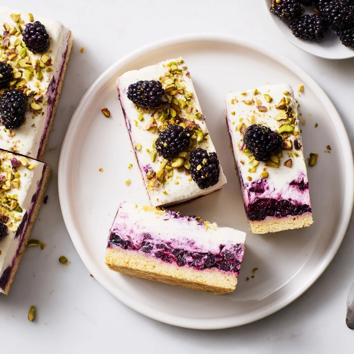 Chilled Blackberry Pistachio Dream Bars cut into neat squares showcasing distinct layers of buttery green pistachio crust, tangy blackberry filling, and smooth cream cheese topping dusted with nutty garnish.