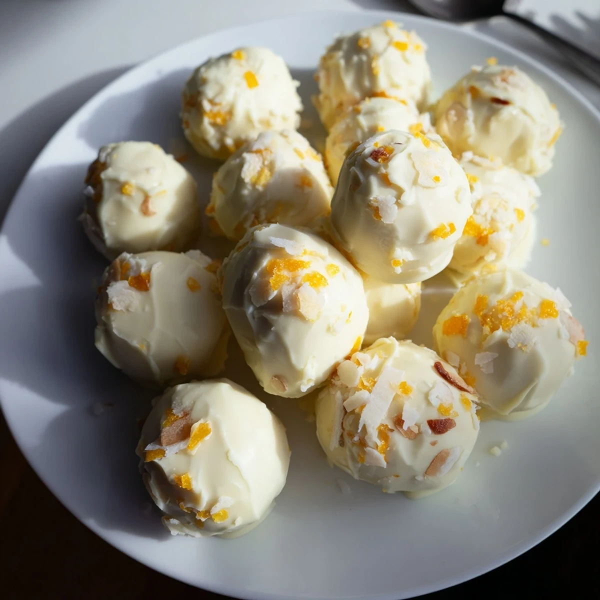Hand-rolled mango truffles coated in smooth white chocolate and sprinkled with dried mango bits
