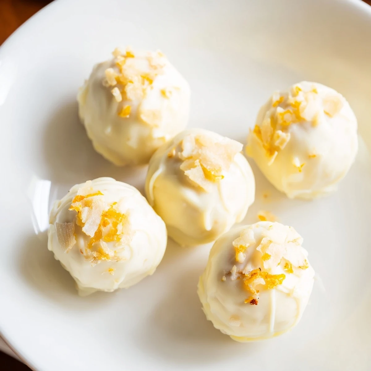 Creamy white chocolate mango truffles garnished with coconut and pistachios on a serving plate