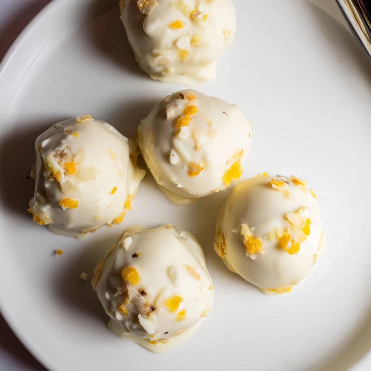Tropical mango truffles with glossy white chocolate coating arranged on parchment paper for dessert