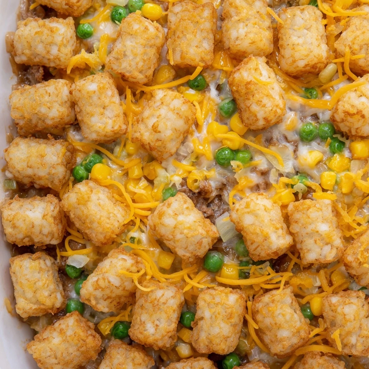 Hearty Midwest tater tot casserole served fresh from the oven with steam rising