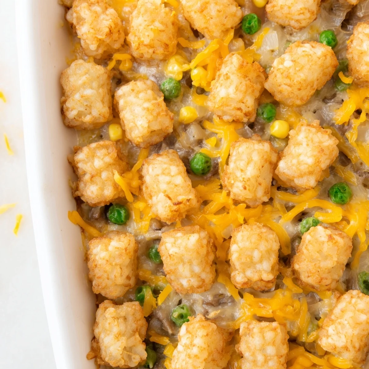 Family style tater tot casserole in a baking dish featuring golden brown potato tots