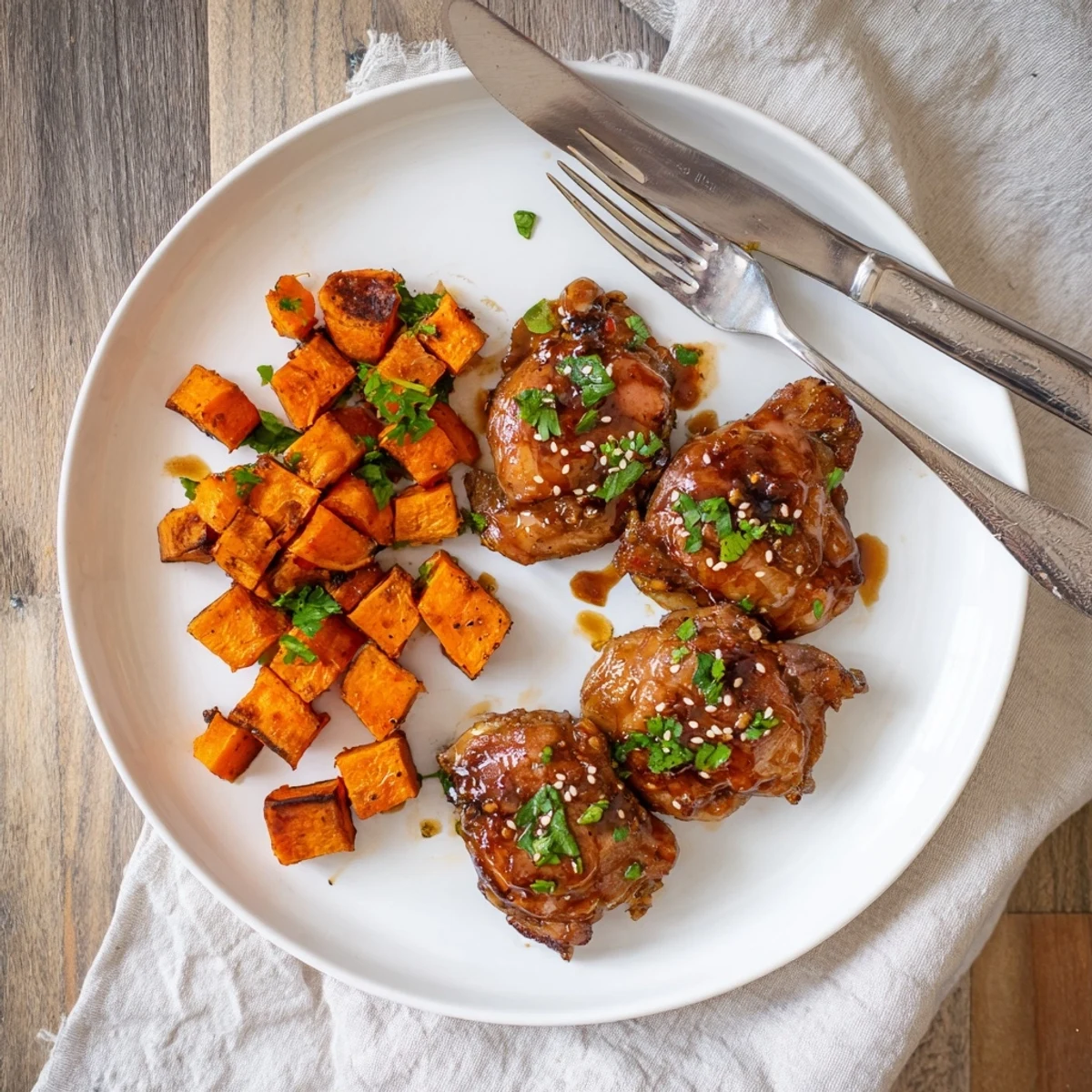 Golden brown honey garlic chicken thighs glazed with sticky sauce beside crispy roasted sweet potato cubes