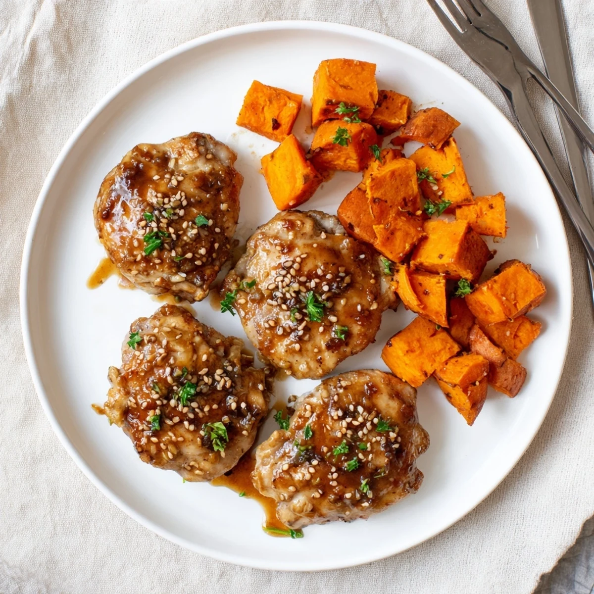 Weeknight dinner plate featuring honey garlic chicken with caramelized edges and tender roasted sweet potato pieces