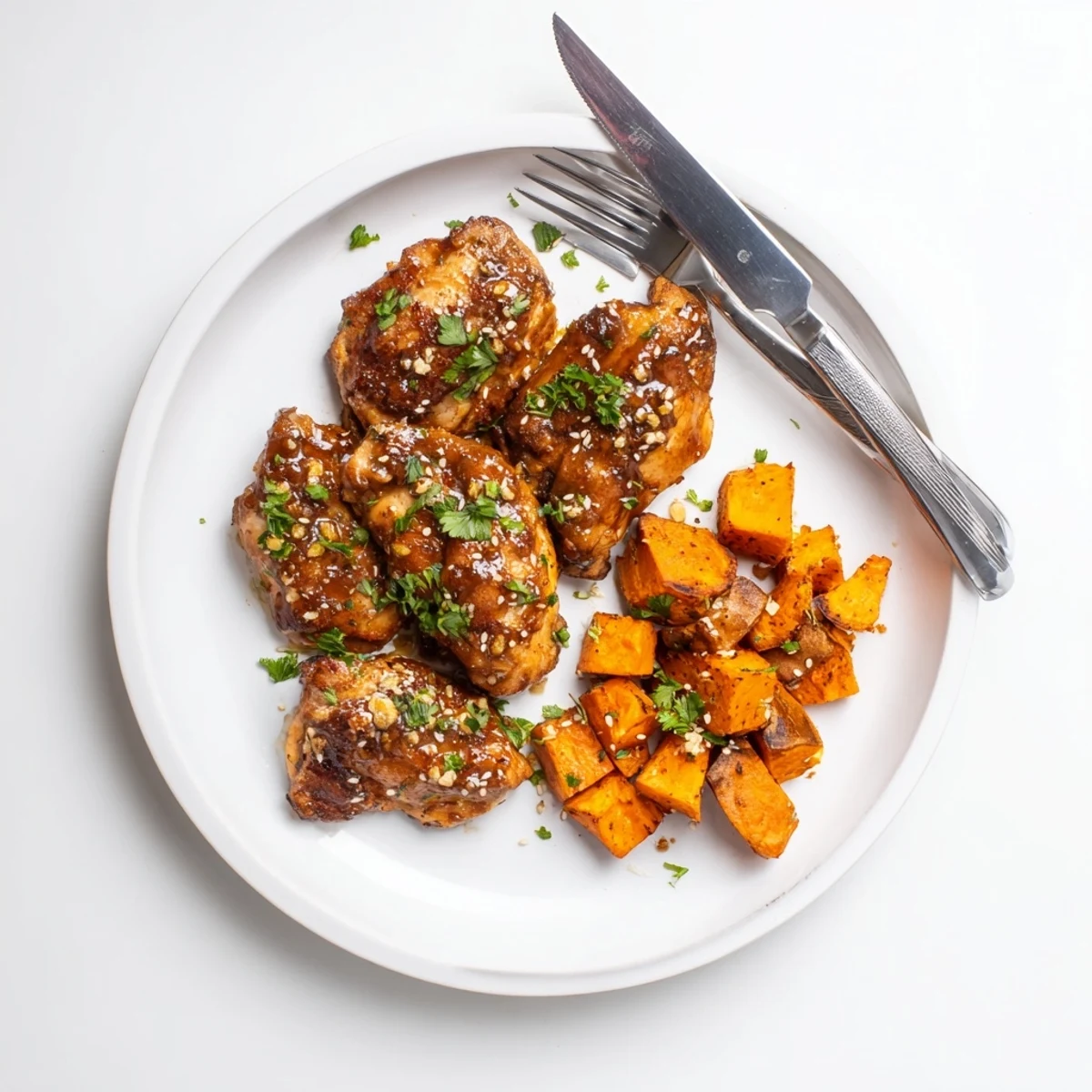 Tender chicken pieces coated in sweet honey garlic glaze served with paprika spiced roasted sweet potatoes