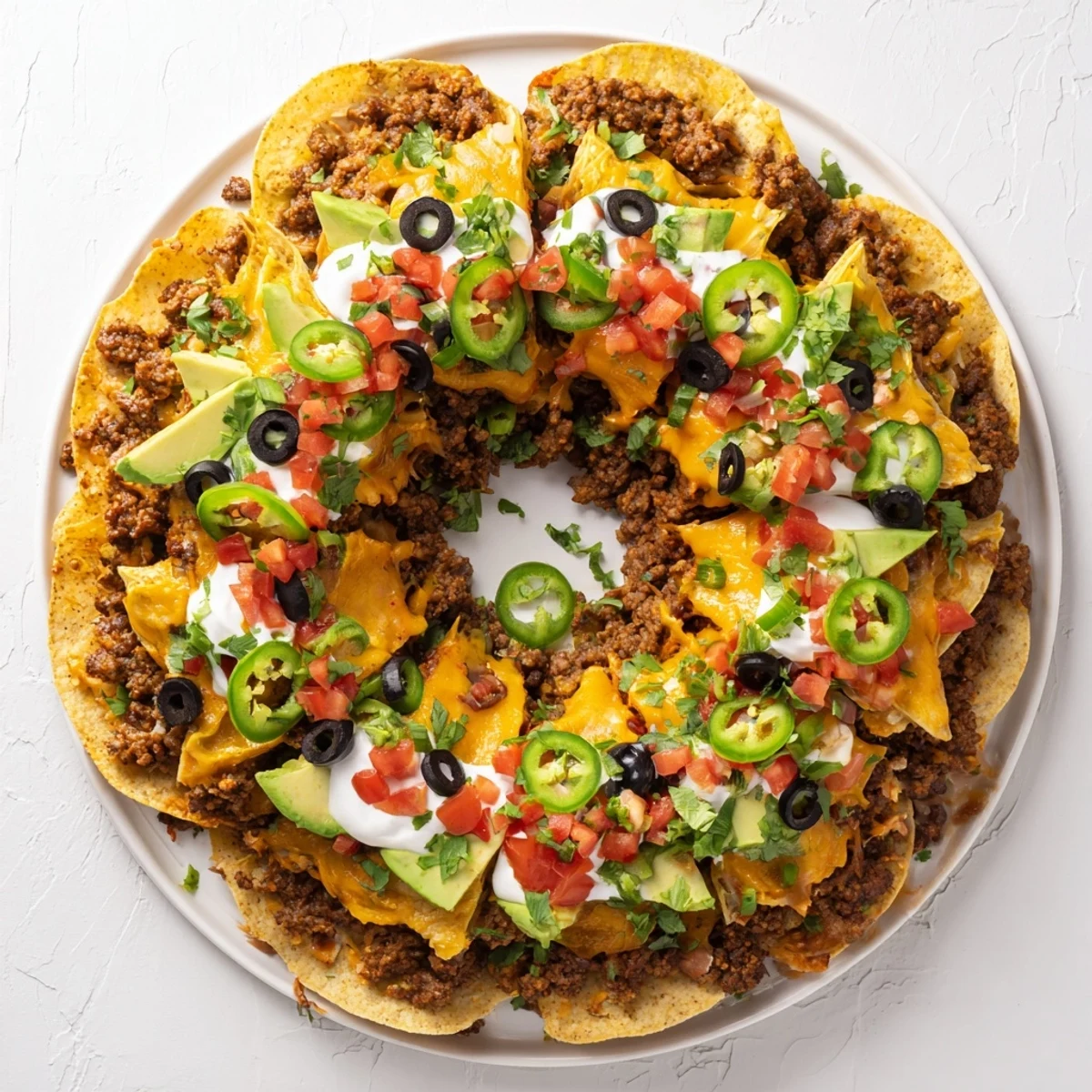 Golden Bundt Pan Nachos topped with melted cheese, seasoned beef and fresh colorful toppings.