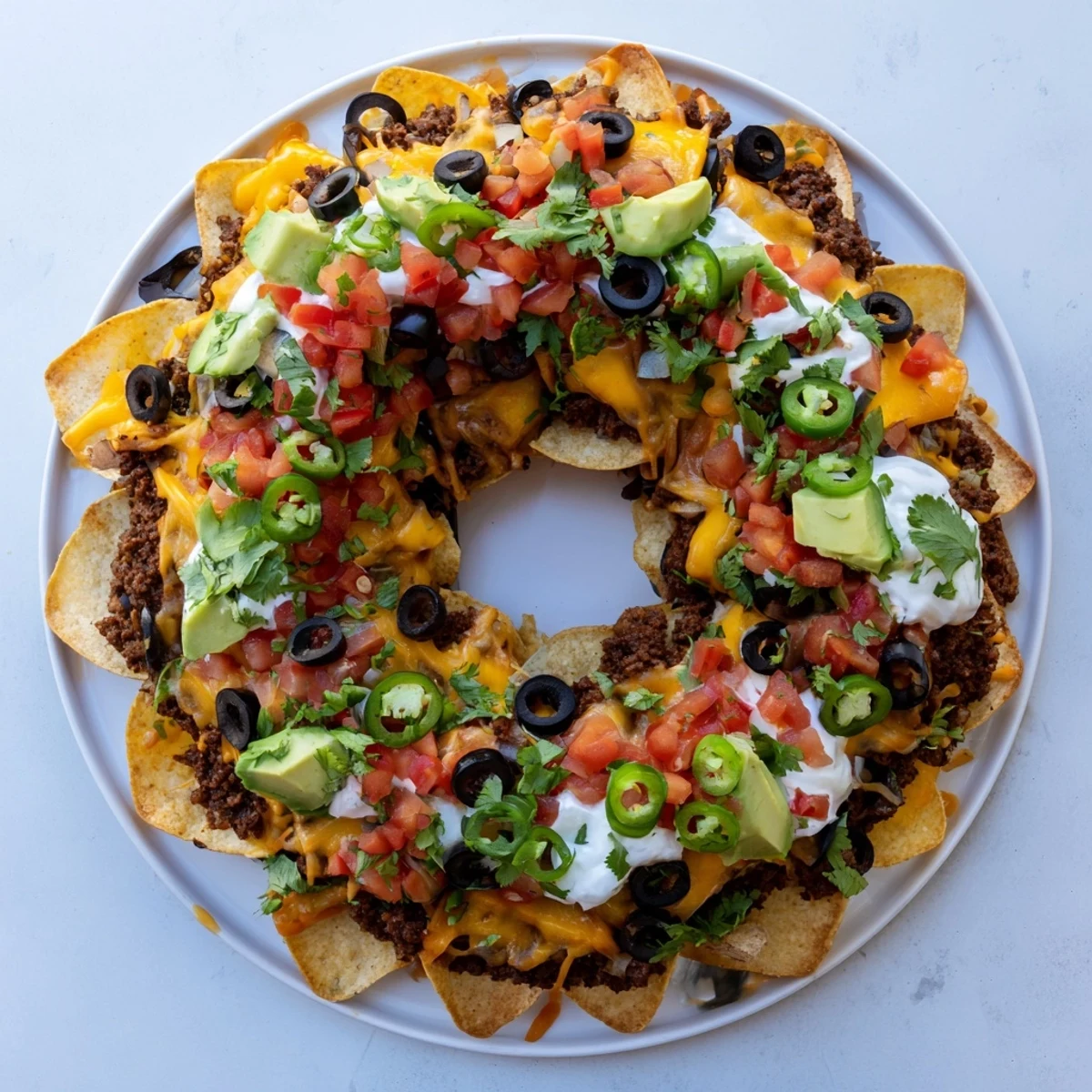 Circular layered nacho cake baked in a Bundt pan with Cheddar, Monterey Jack and beans.