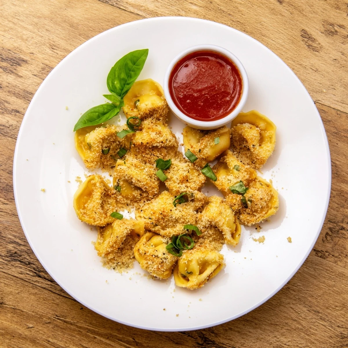 Golden air fryer tortellini arranged on a white platter with a side of warm marinara sauce
