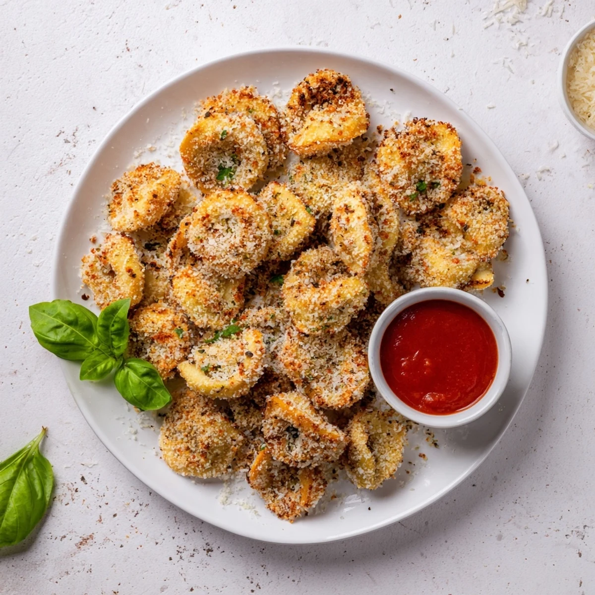 Crispy breaded tortellini bites fresh from the air fryer basket, perfectly golden brown and bubbling