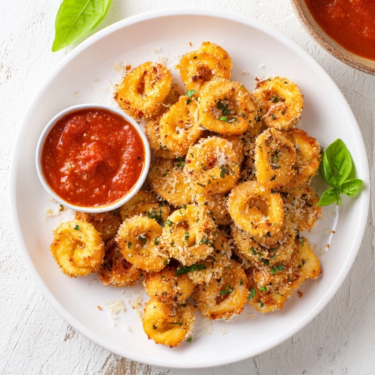 Italian-style air fryer tortellini served with red dipping sauce and garnished with fresh green herbs
