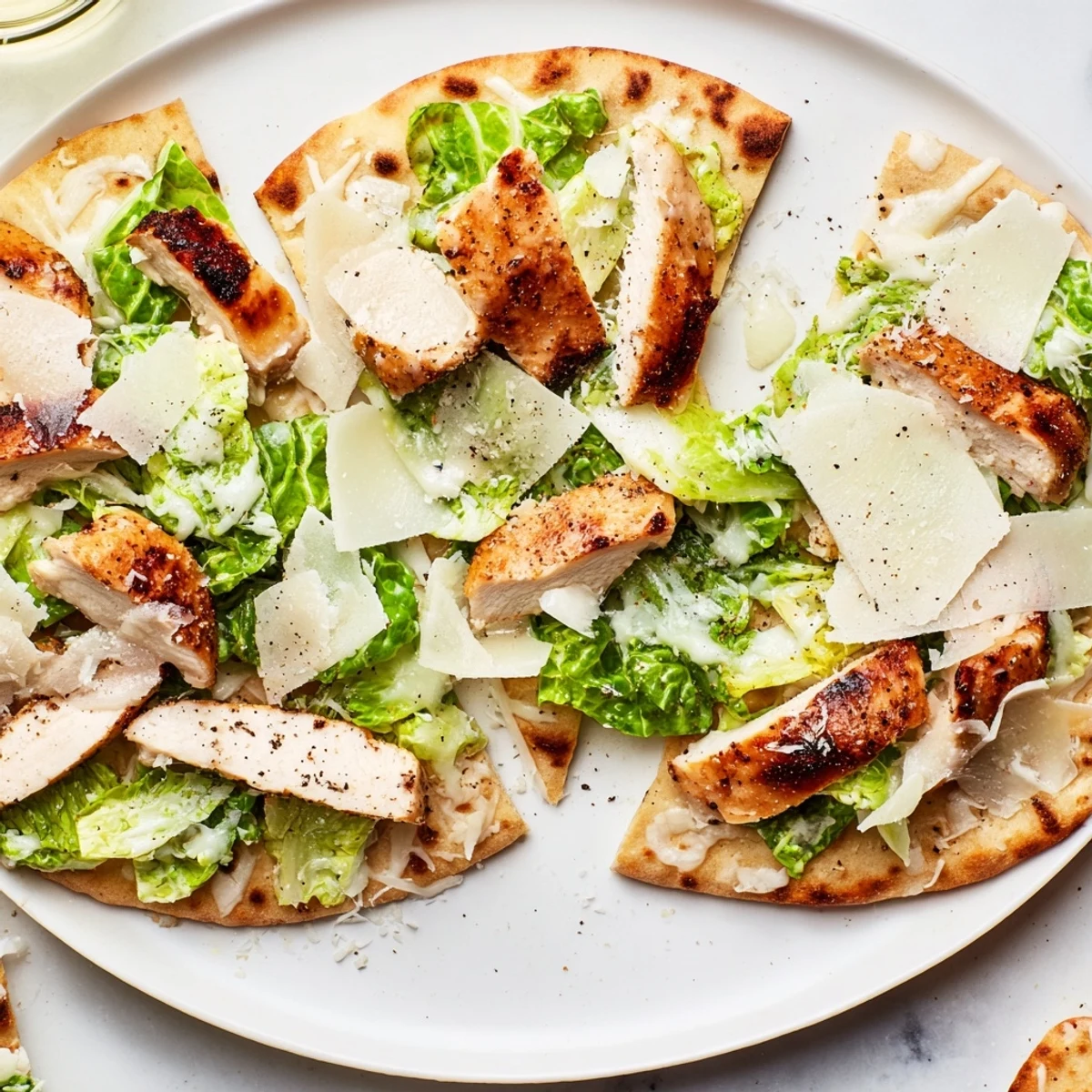 Homemade chicken Caesar flatbread featuring grilled sliced chicken, mozzarella, and fresh parmesan shavings