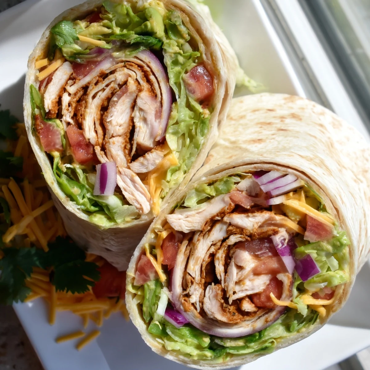 Golden spicy chicken avocado wraps filled with fresh vegetables and creamy zesty sauce rolled in warm tortillas