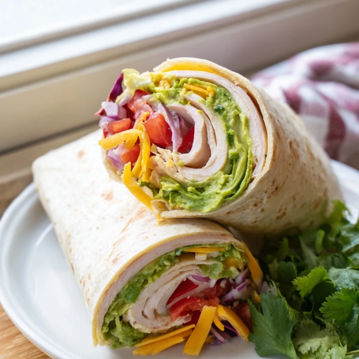 Delicious spicy chicken avocado wraps with sliced chicken crisp lettuce and melted cheddar in soft flour tortillas