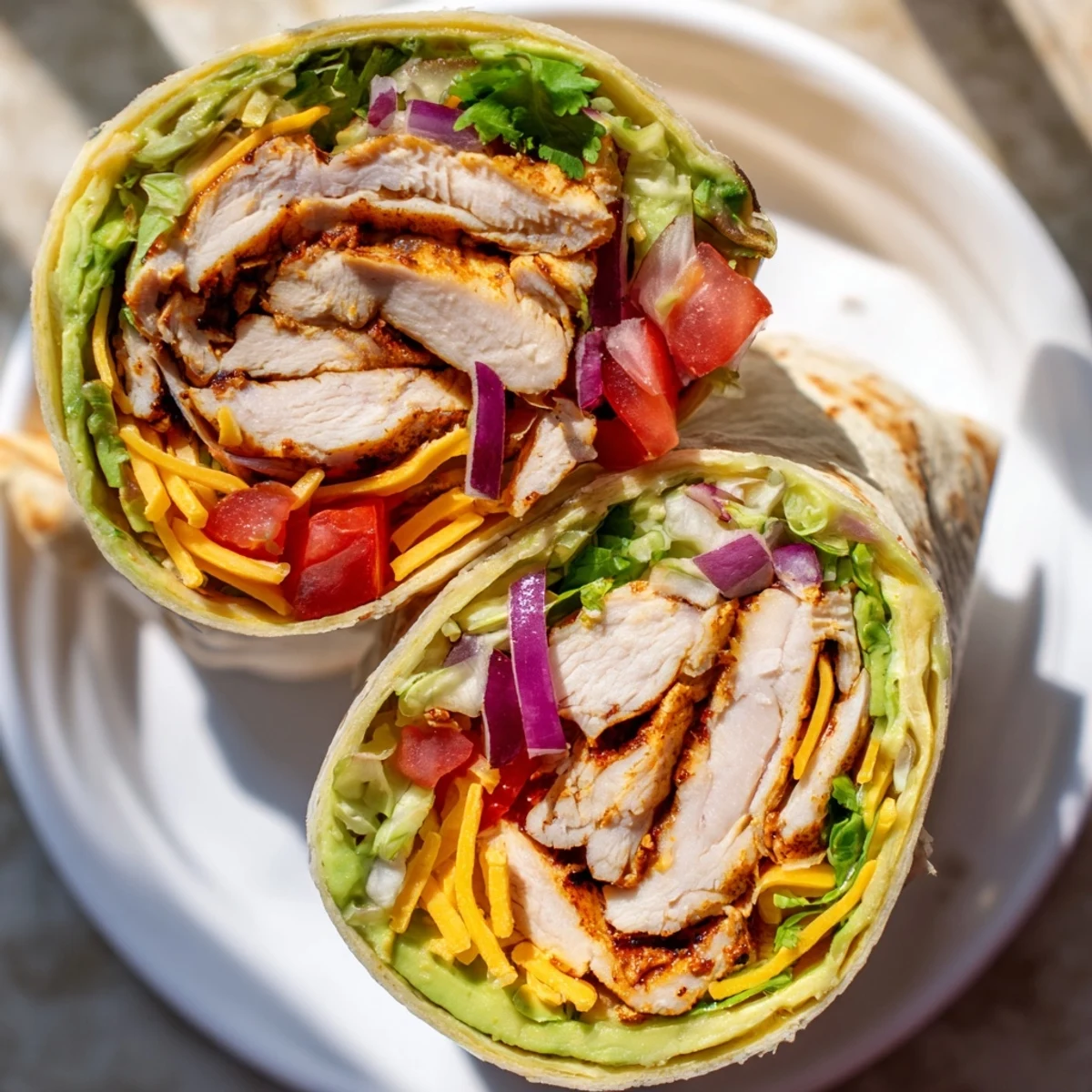 Homemade spicy chicken avocado wraps featuring juicy seasoned chicken ripe avocado and tangy sriracha sauce for lunch