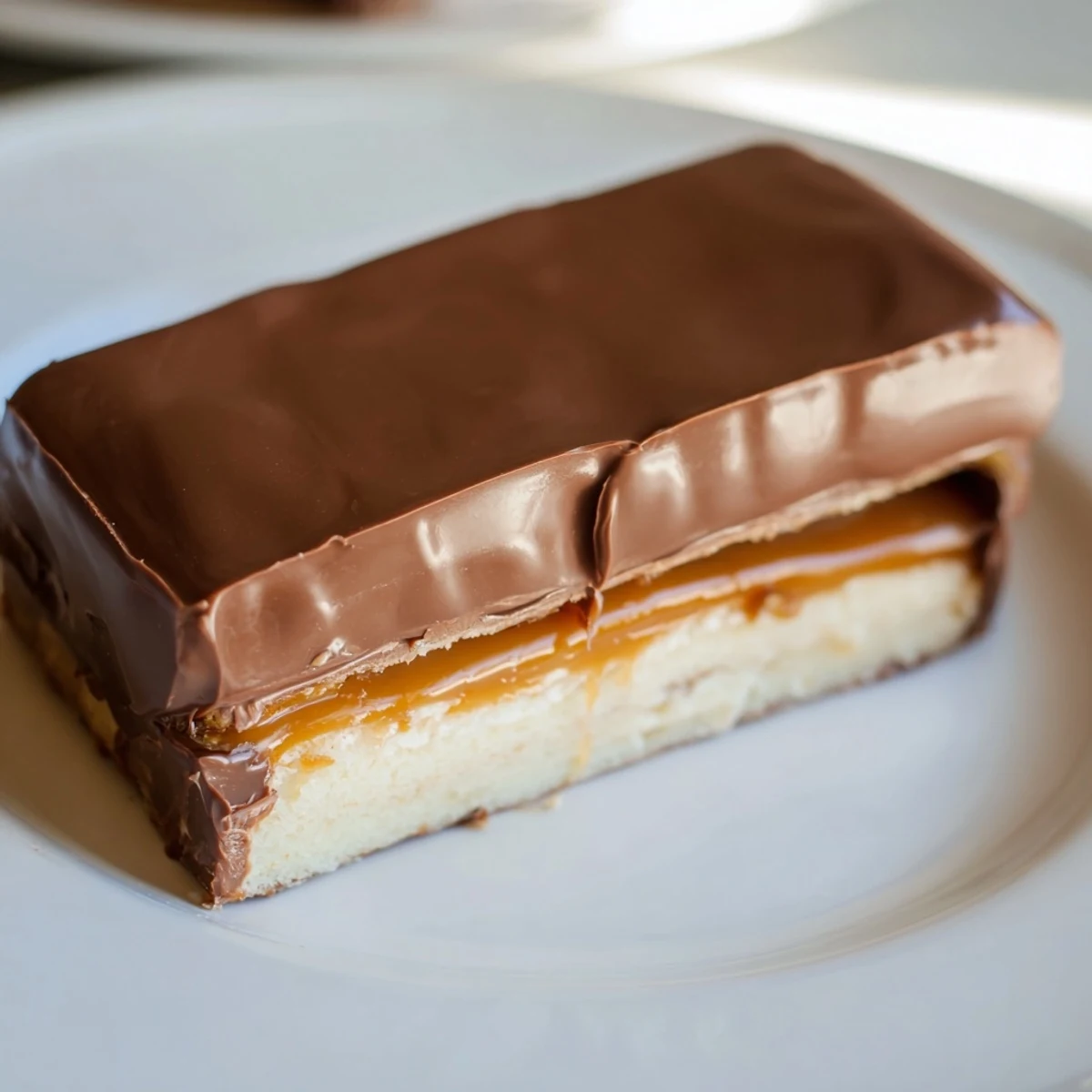 Homemade Twix bars arranged on a serving platter with gooey caramel peeking through chocolate layers