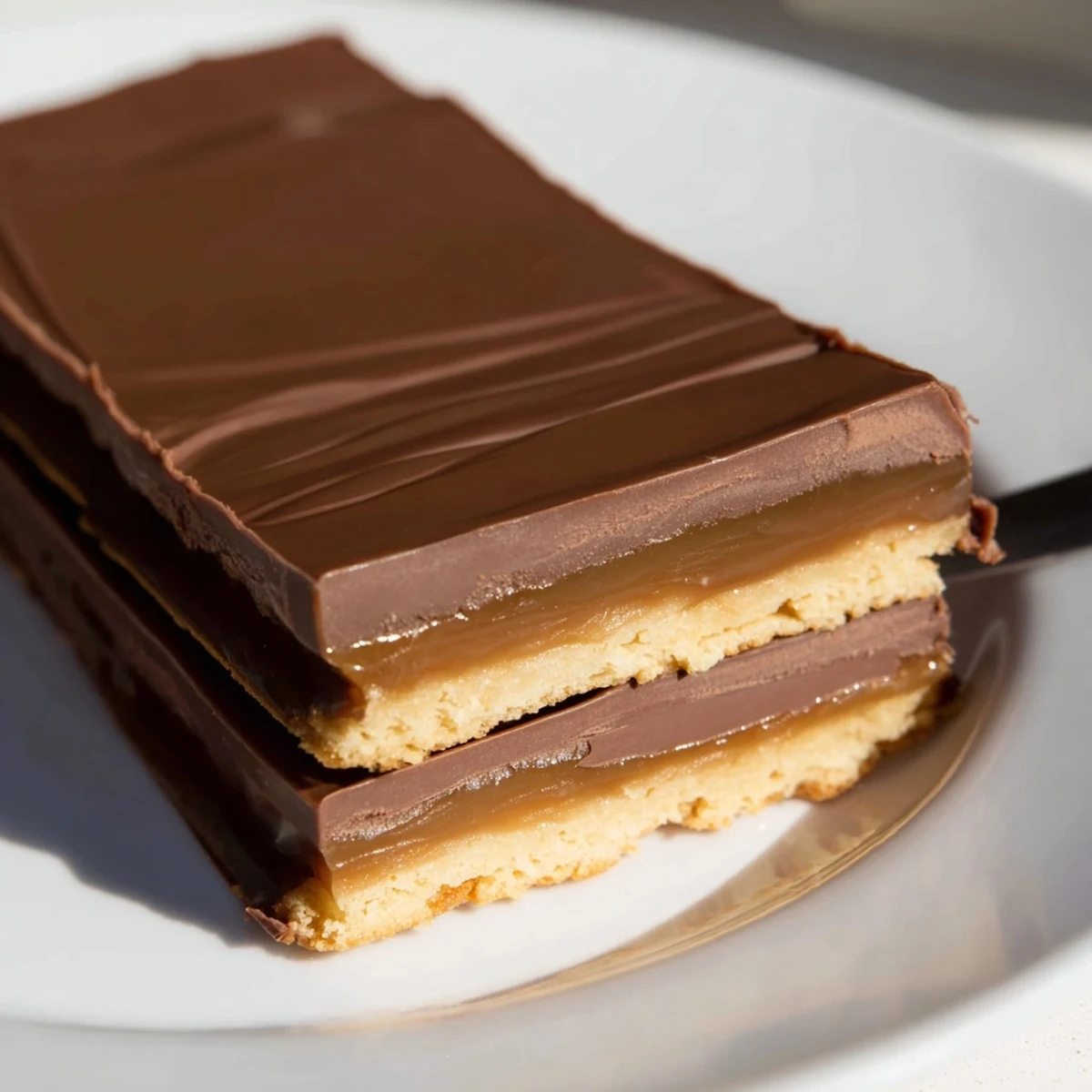 Square Twix dessert bar sliced to reveal buttery shortbread base topped with golden caramel and milk chocolate