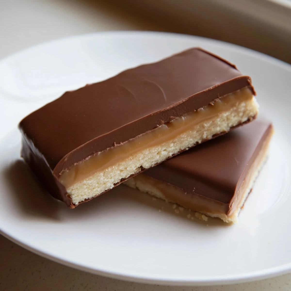 Batch of Twix candy bar copies cooling on parchment with smooth chocolate topping and caramel dripping down sides