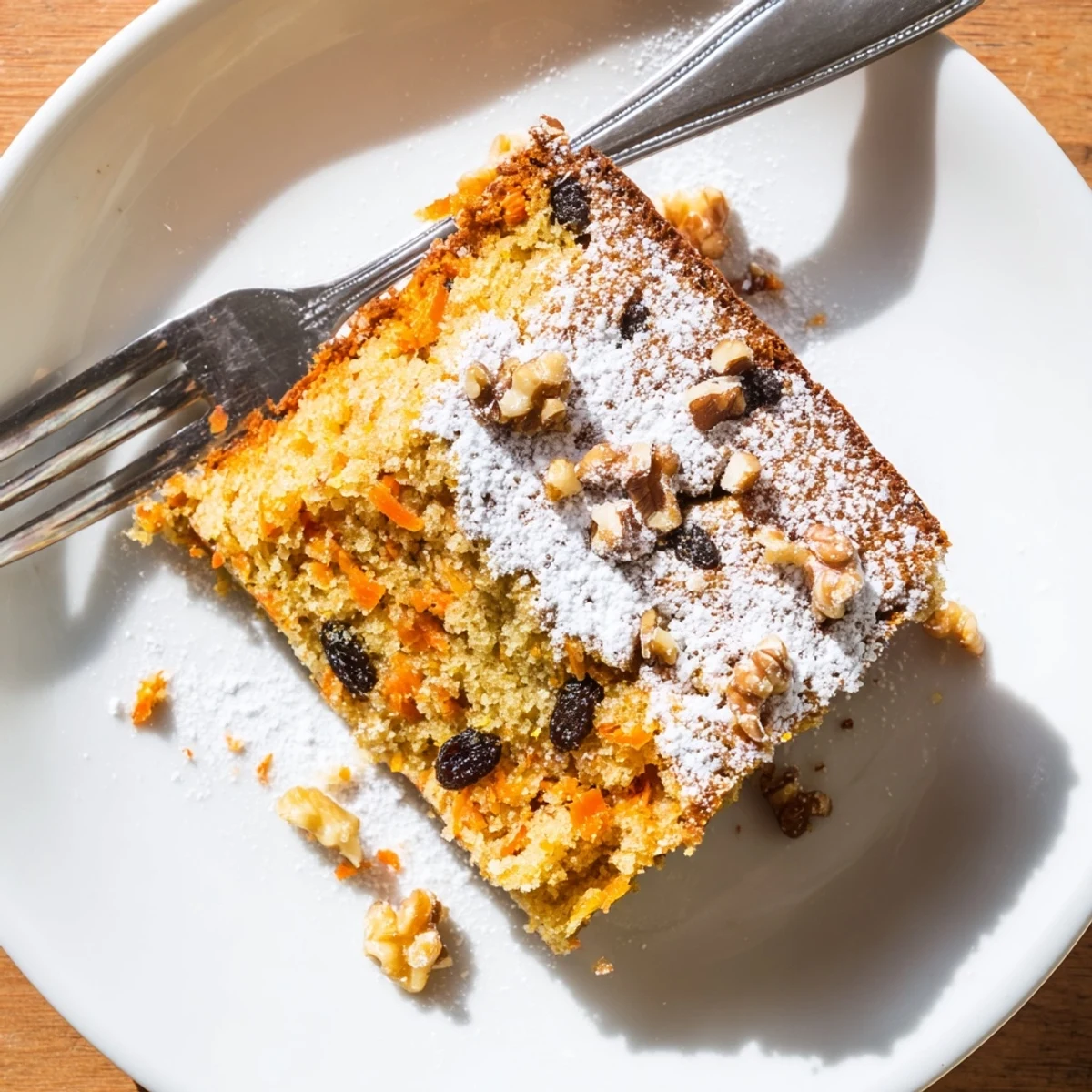 Moist Greek yogurt carrot cake slice topped with powdered sugar on a white plate