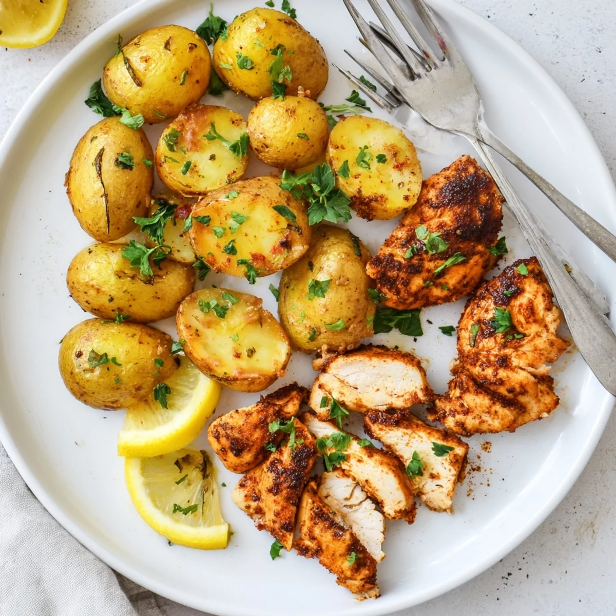 Juicy grilled chicken breasts served alongside golden crispy roasted baby Yukon Gold potatoes