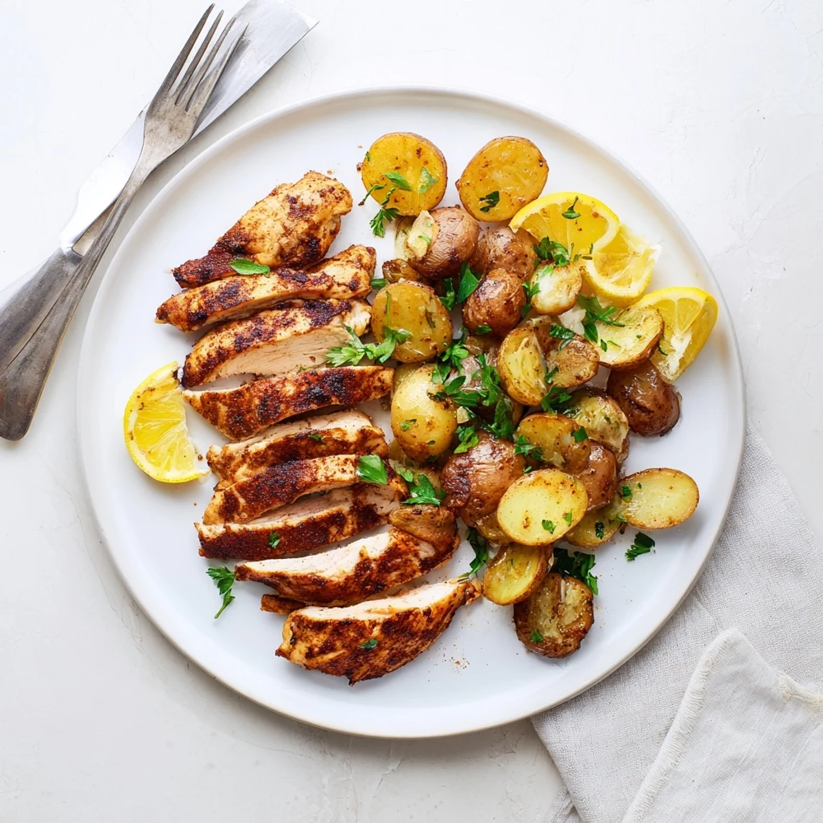 Plate featuring herb-marinated grilled chicken with rosemary roasted potatoes and fresh parsley garnish