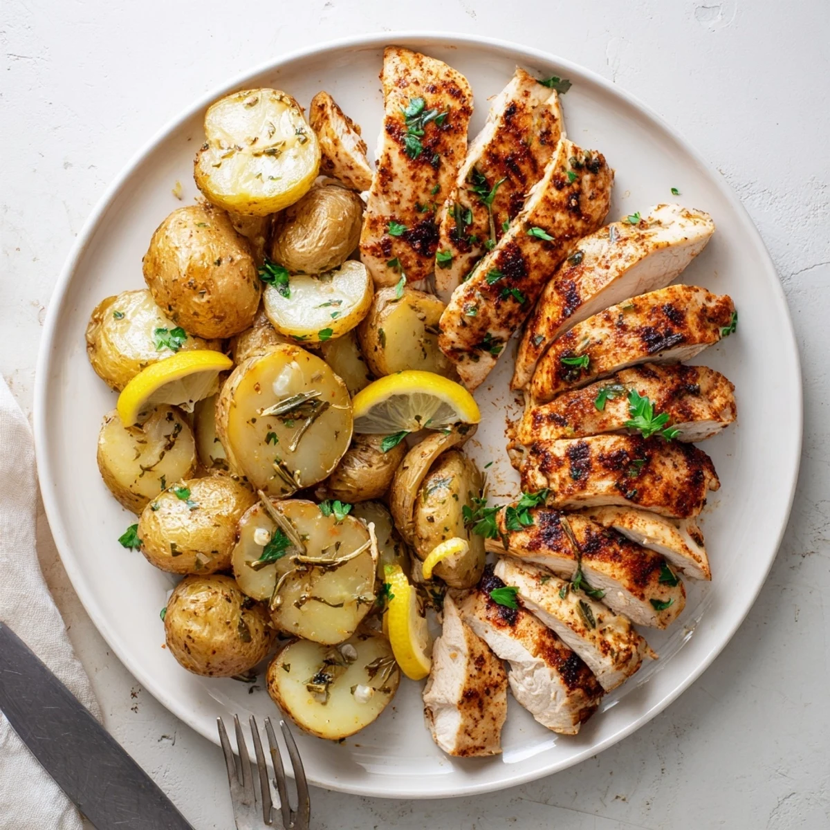 Perfectly grilled sliced chicken next to crispy browned roasted potatoes on a white dinner plate