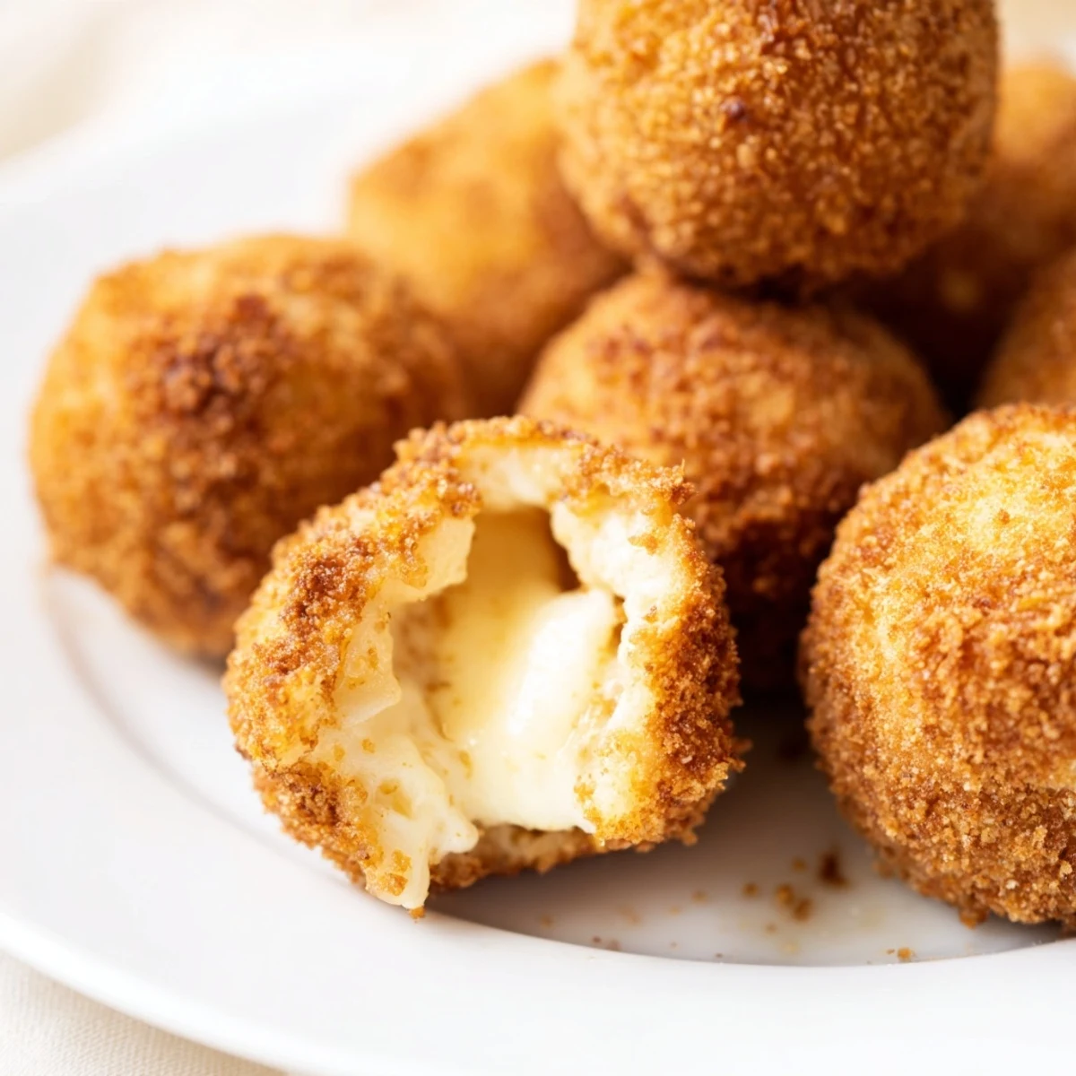 Golden crispy mozzarella cheese balls featuring a gooey melted center, served as an irresistible appetizer