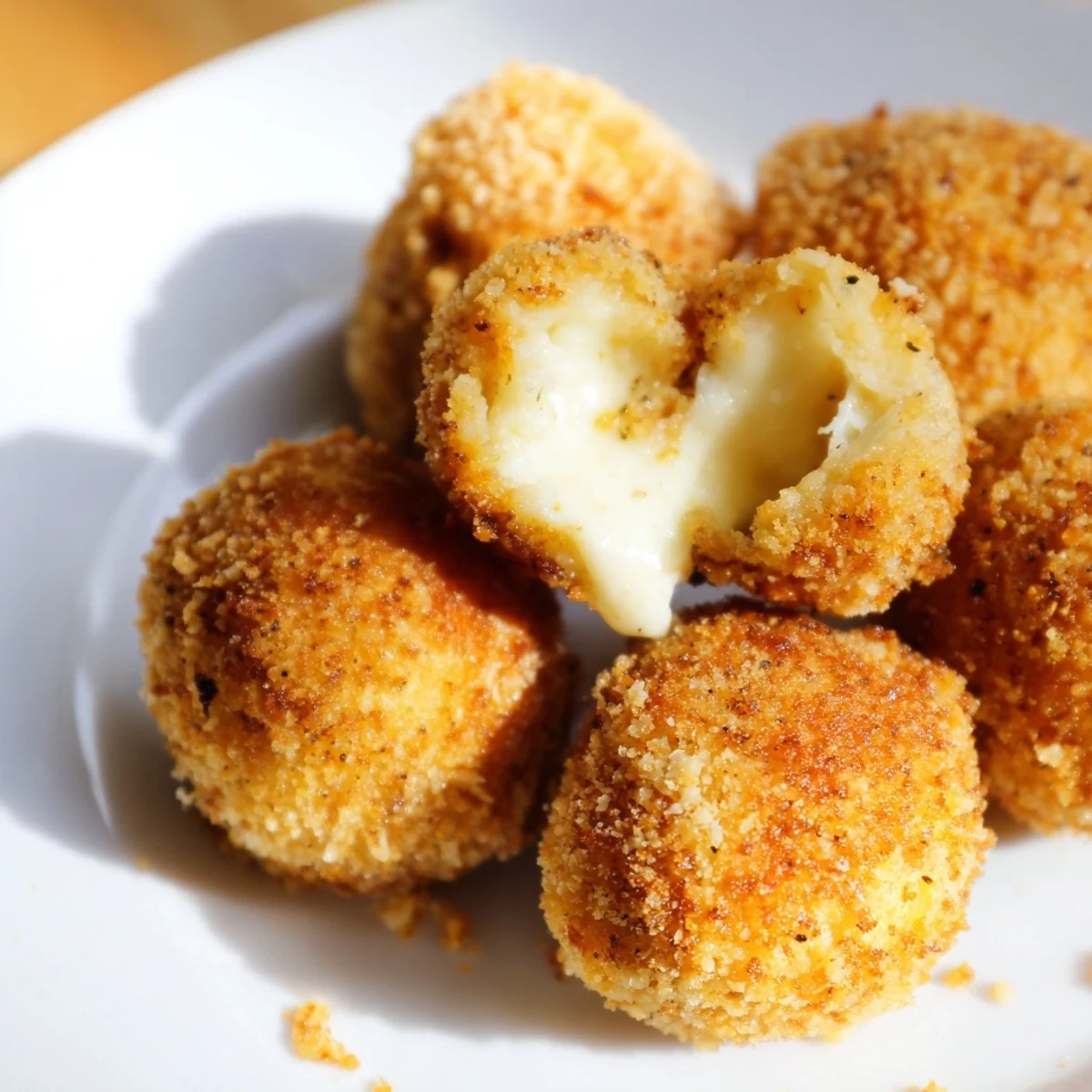 Deep-fried mozzarella cheese balls with a crunchy panko coating and warm stretchy cheese inside