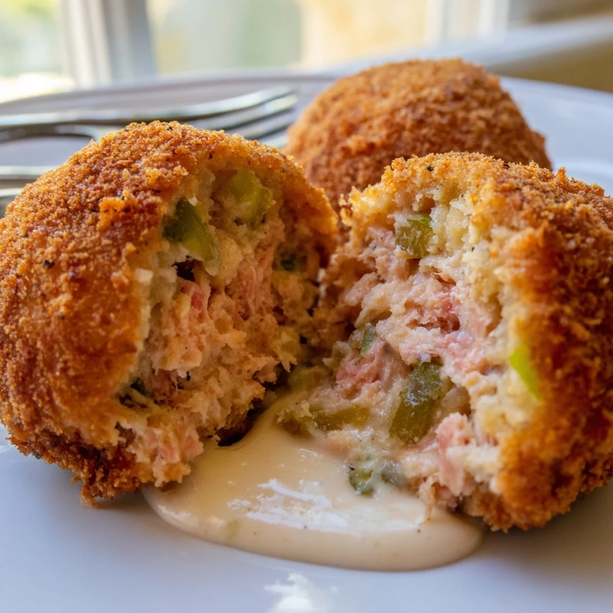 Golden brown Southern salmon croquettes served on a white plate with zesty remoulade dipping sauce
