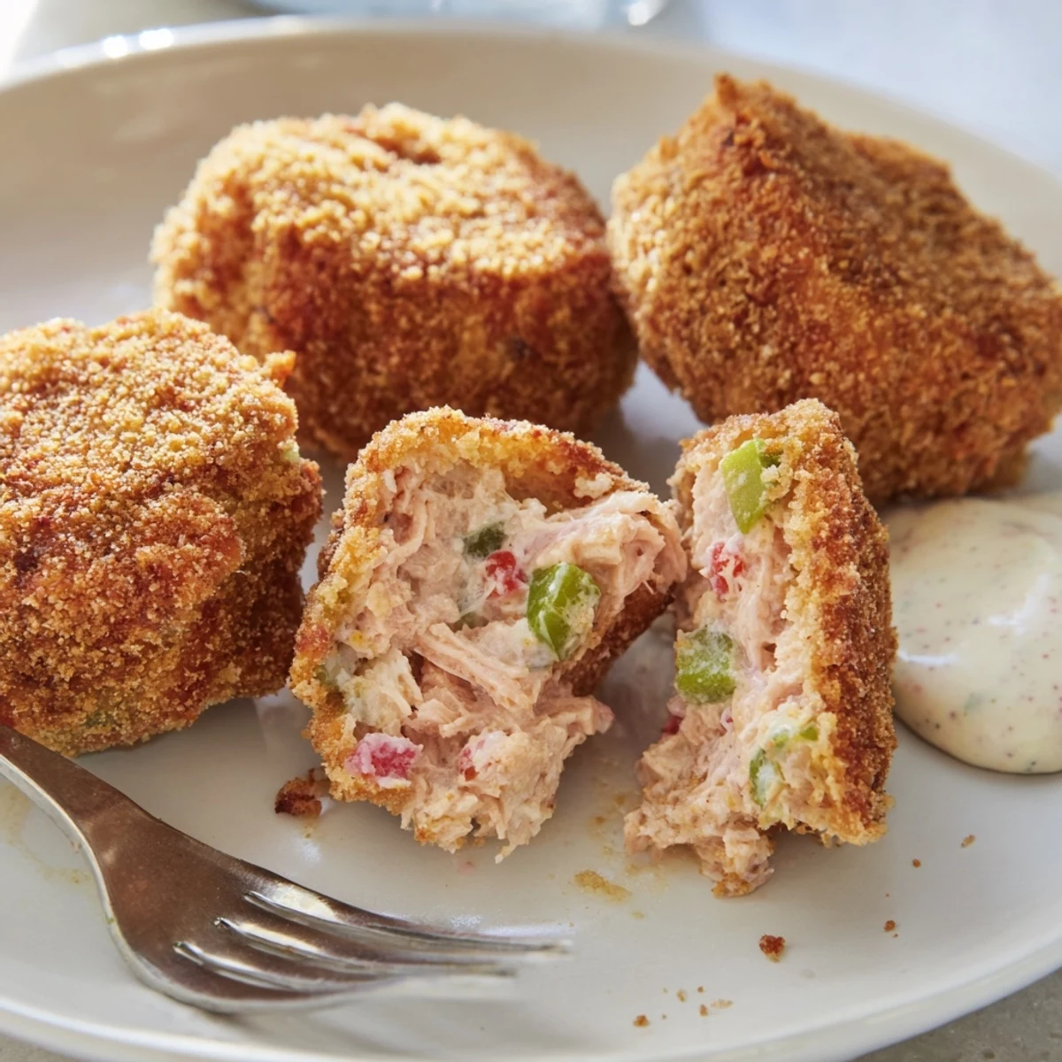 Crispy pan-fried Southern salmon croquettes plated alongside creamy coleslaw and fresh lemon wedges