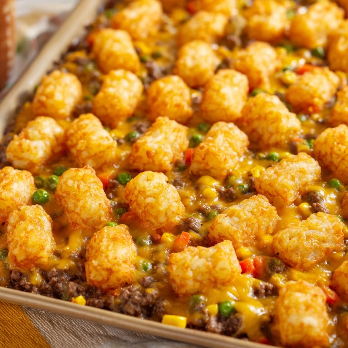 Golden crispy tater tots top this cheesy ground beef tater tot casserole bubbling with melted cheddar