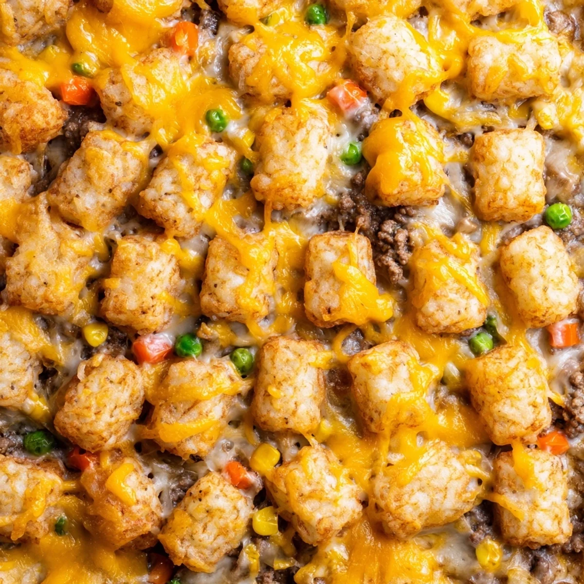 Family-friendly cheesy ground beef tater tot casserole with savory beef layer and crunchy potato topping