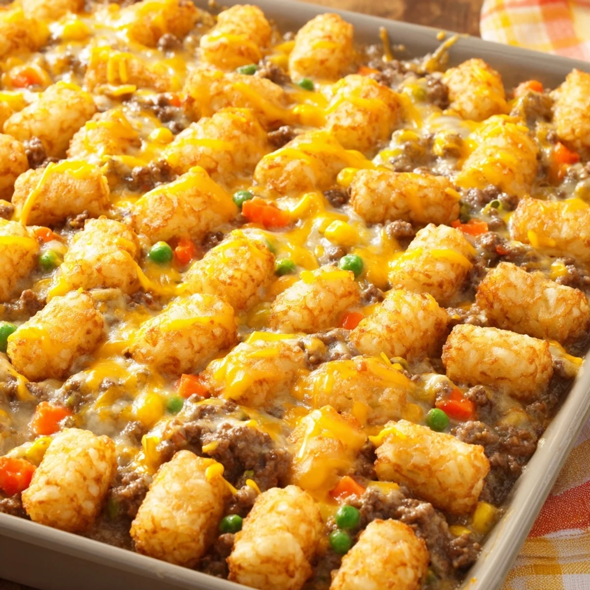 Baked cheesy ground beef tater tot casserole featuring golden tots over a hearty beef and vegetable filling