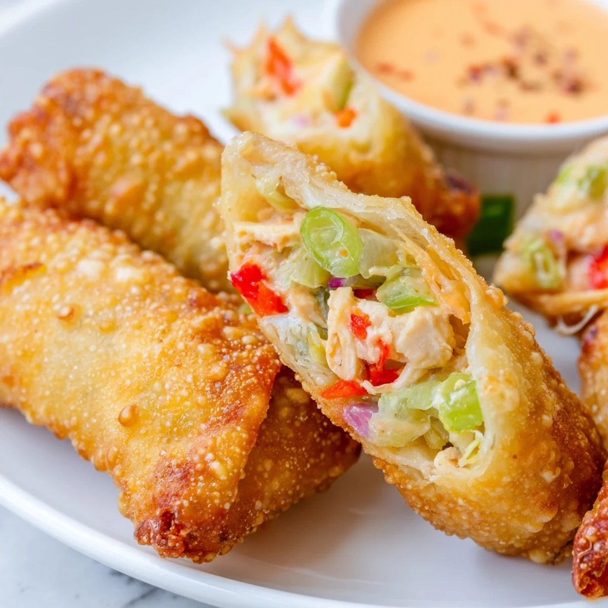 Golden brown crispy Voodoo Egg Rolls filled with seasoned chicken and colorful vegetables
