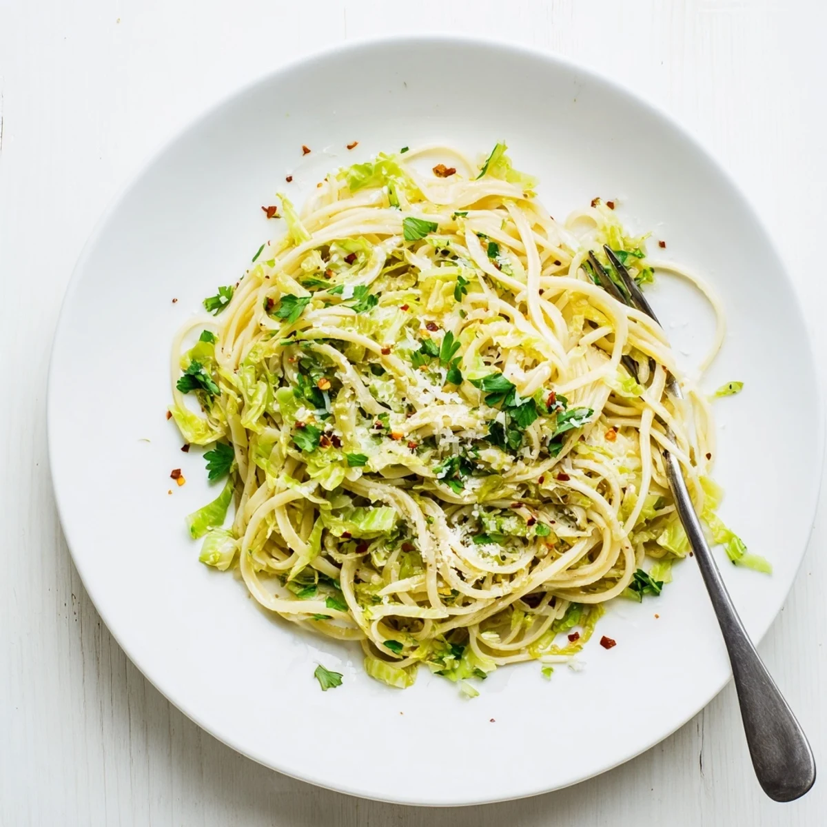 Golden lemon garlic cabbage pasta tossed in a skillet with fresh parsley and grated Parmesan cheese