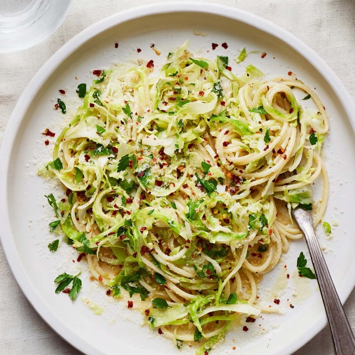 Creamy lemon garlic cabbage pasta dish served in a white bowl with red pepper flake garnish