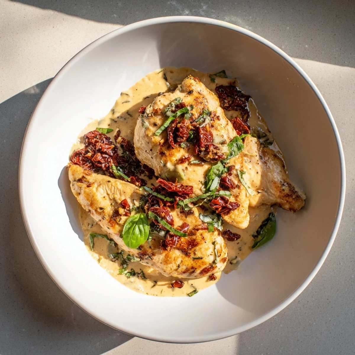 Tender chicken simmered in rich white cream sauce with chopped sun dried tomatoes and minced garlic