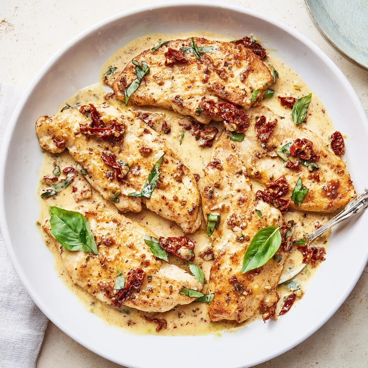 Close up of juicy chicken coated in thick parmesan cream sauce with oil-packed sun dried tomatoes