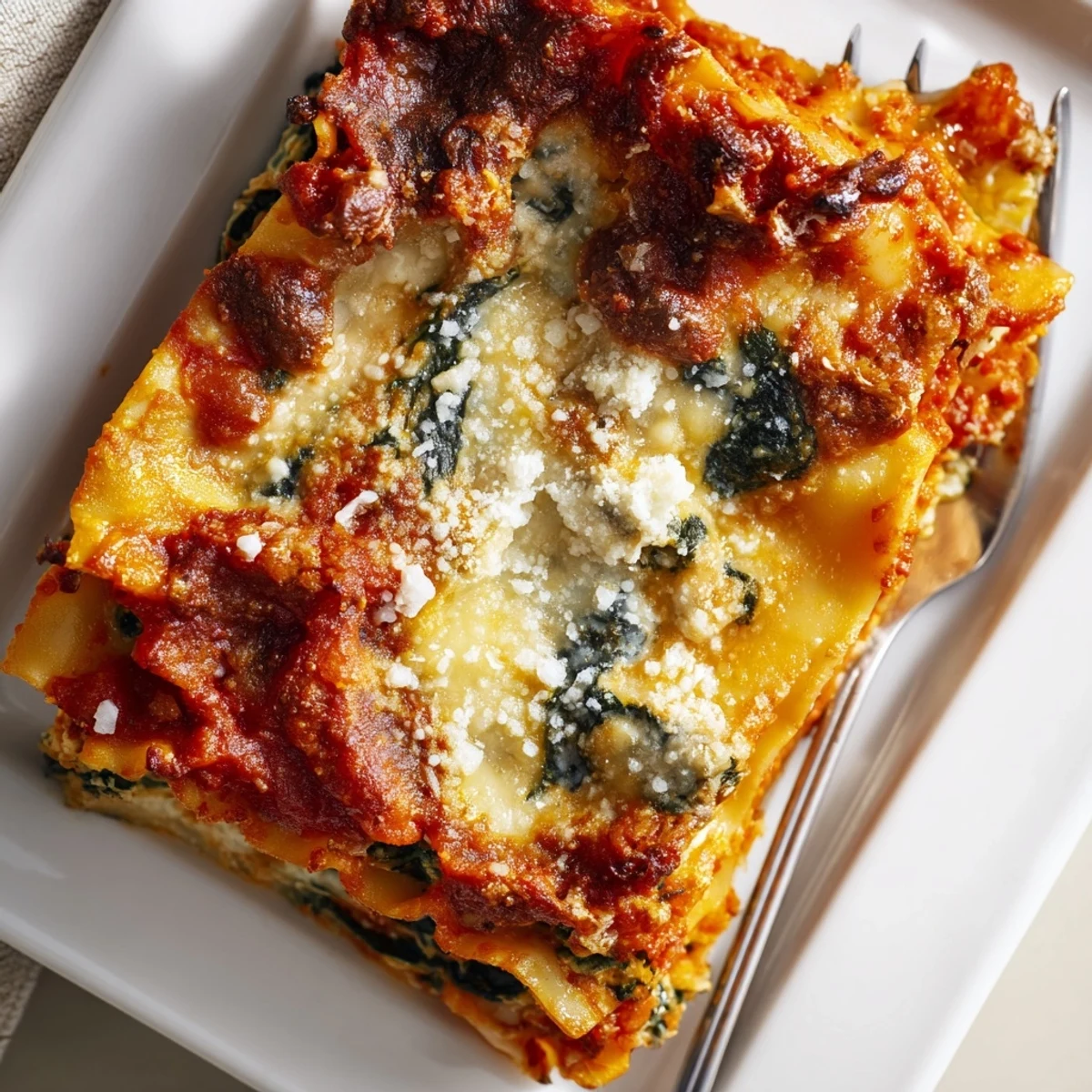 Golden bubbly classic spinach ricotta lasagna with melted mozzarella on a white plate