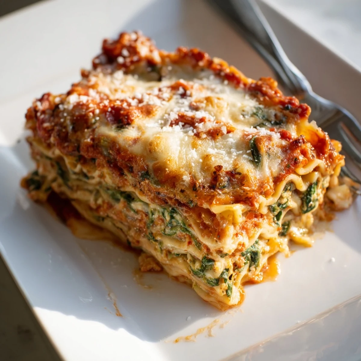 Steaming square of classic spinach ricotta lasagna with fresh basil sprinkled on top