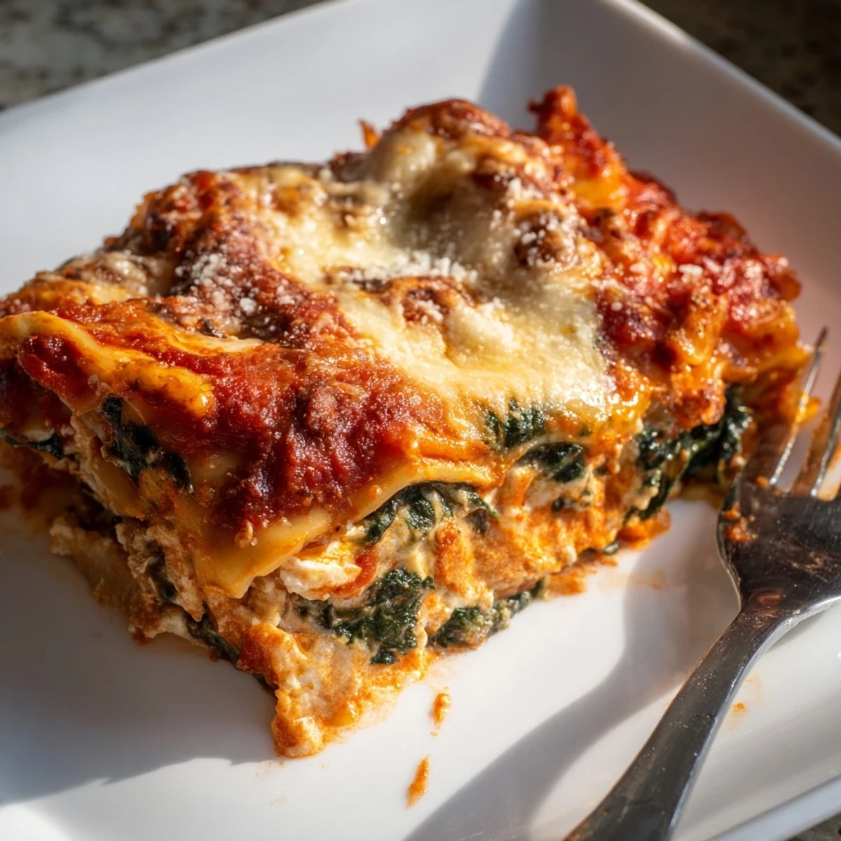 Layered vegetarian classic spinach ricotta lasagna sliced square showing creamy spinach and red sauce