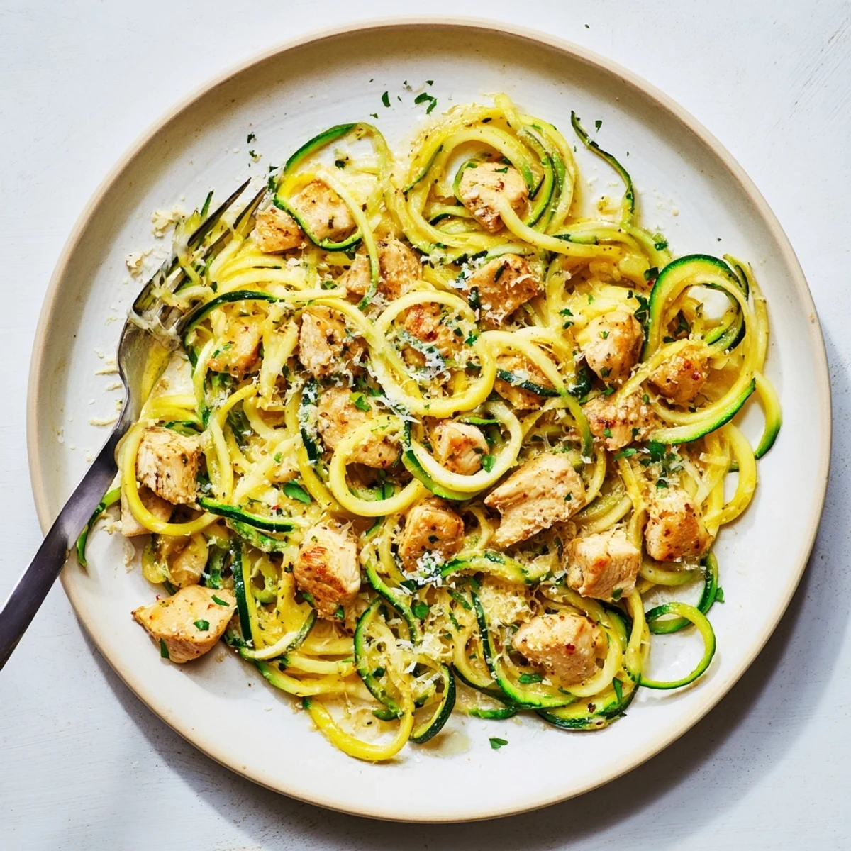 Garlic butter chicken zucchini noodles in meal prep container with golden bite-sized pieces and green spirals