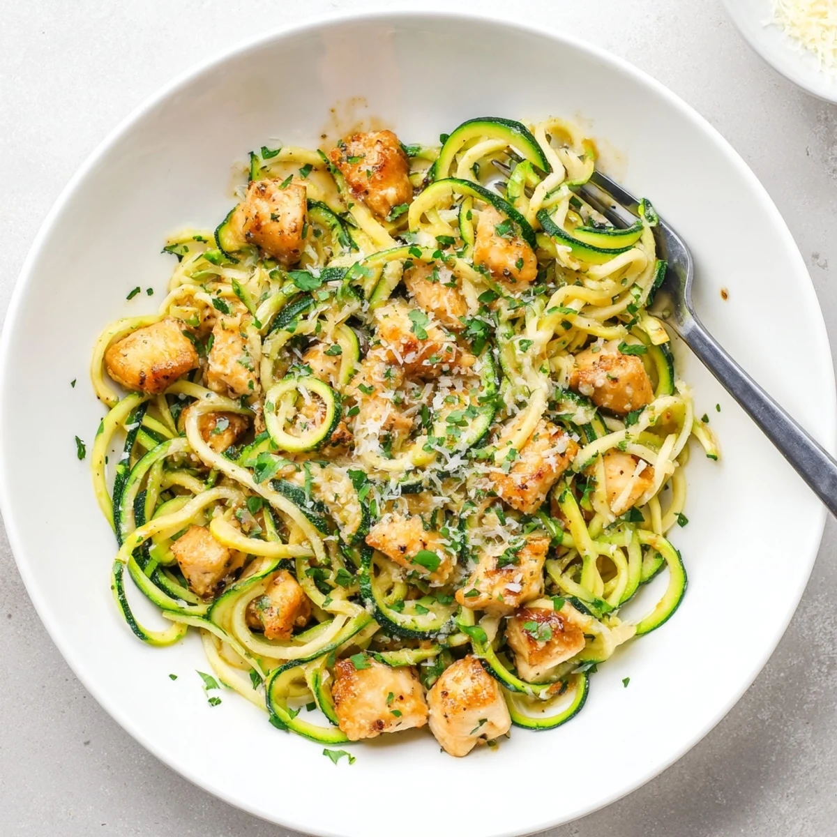 Tender chicken breast tossed with spiralized zucchini noodles in rich garlic butter sauce for easy weekly meal prep
