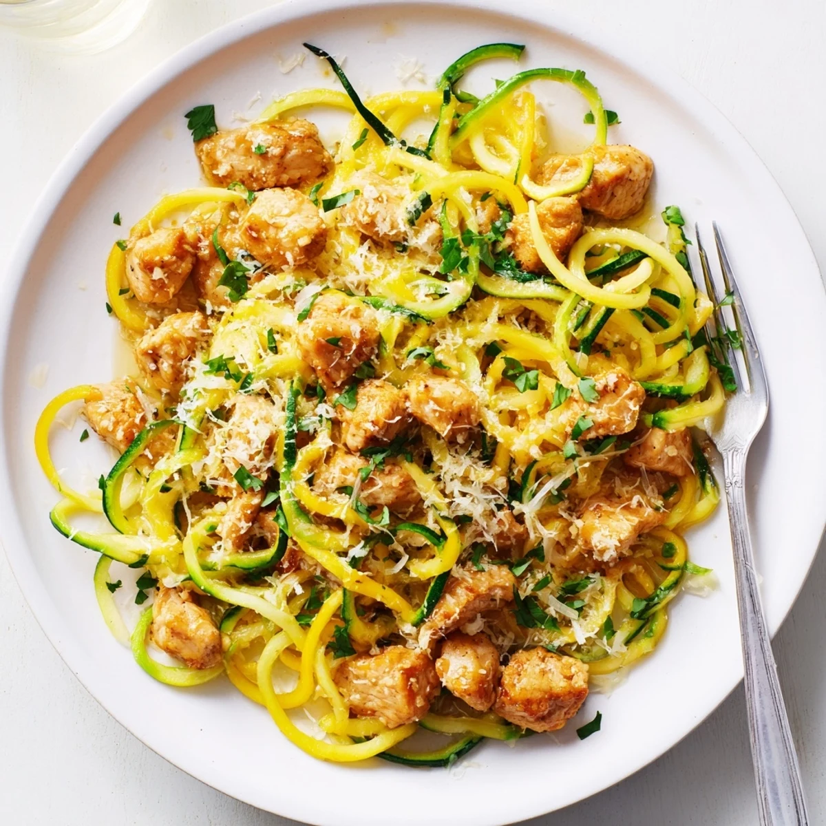 Low carb garlic butter chicken zucchini noodles featuring tender meat and fresh vegetable spirals in portioned containers