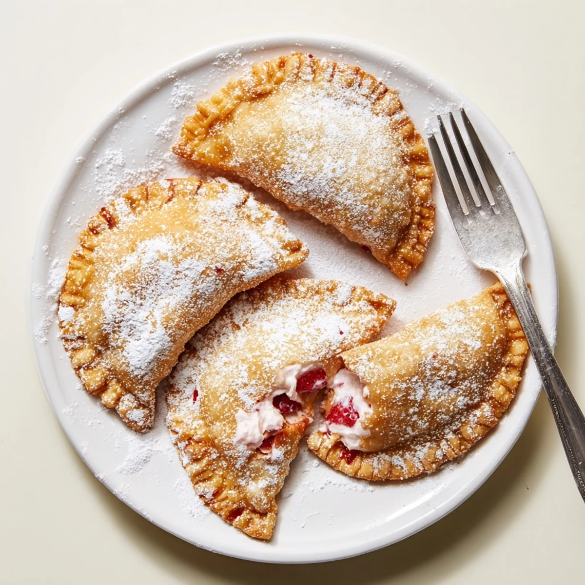 Golden deep fried strawberry cheesecake pies dusted with powdered sugar on a serving plate