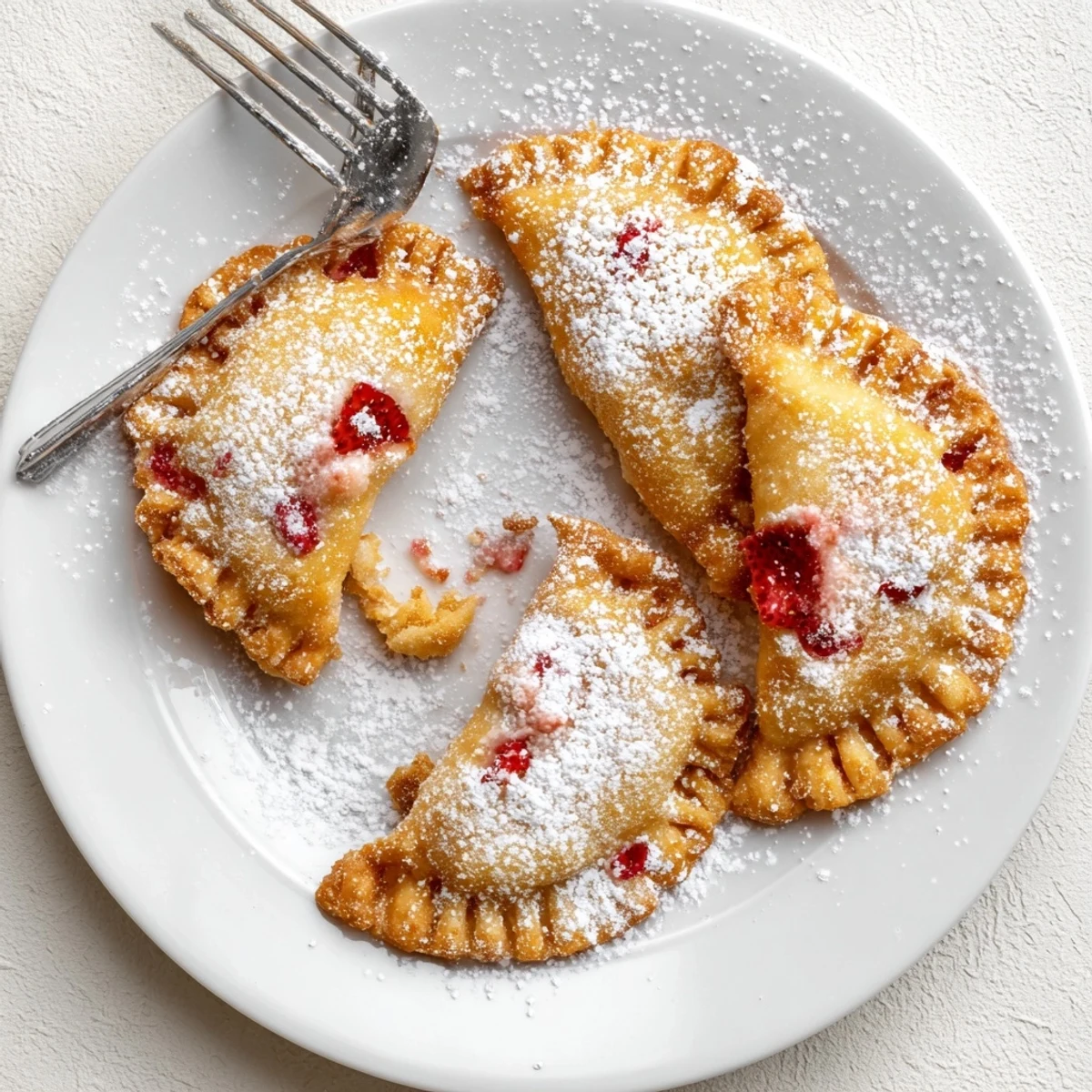 Homemade strawberry cheesecake pies fried to golden perfection and sprinkled with white sugar