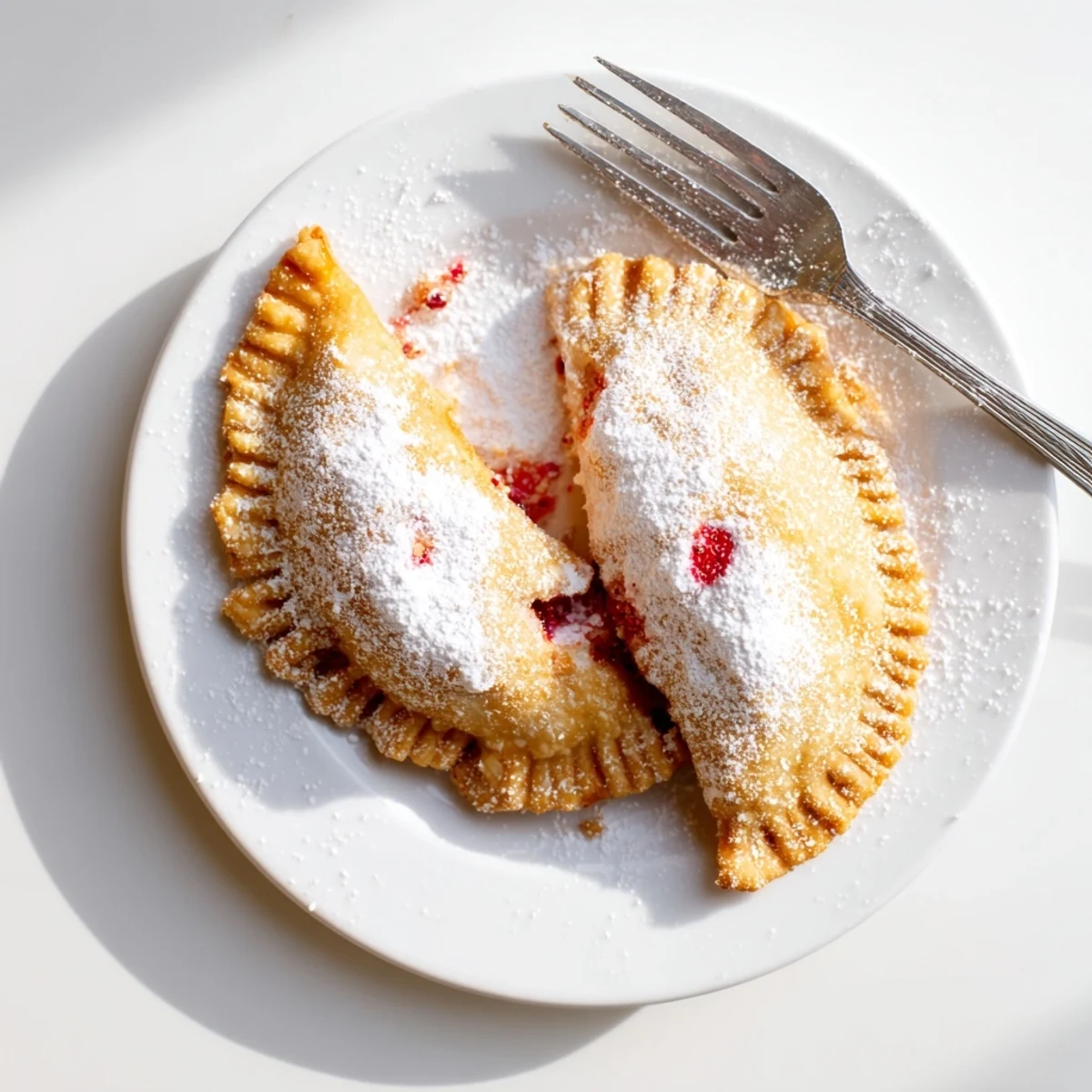 Crispy fried hand pies with creamy strawberry cheesecake filling oozing from golden crust